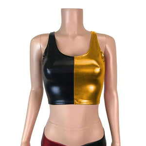 Women's Shiny Metallic Patchwork Crop Top Sleeveless Tank Top Faux Leather Multi-Color Rave Party Clubwear 7XL