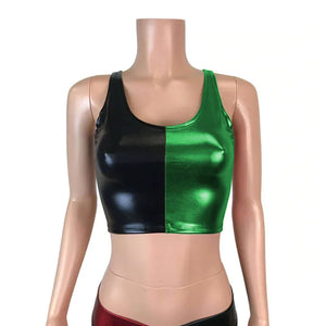 Women's Shiny Metallic Patchwork Crop Top Sleeveless Tank Top Faux Leather Multi-Color Rave Party Clubwear 7XL