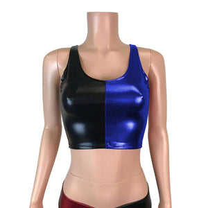 Women's Shiny Metallic Patchwork Crop Top Sleeveless Tank Top Faux Leather Multi-Color Rave Party Clubwear 7XL