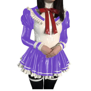 Multicolor Shiny PVC Anime Maid Dress with Long Puff Sleeves and High Neck Maid Uniform Cosplay Costume S-7XL