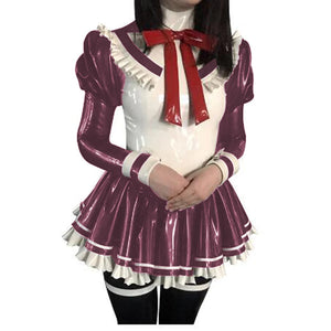 Multicolor Shiny PVC Anime Maid Dress with Long Puff Sleeves and High Neck Maid Uniform Cosplay Costume S-7XL