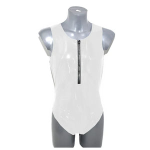 Mens Shiny PVC Leather Sleeveless Tank Bodysuit High Cut Zipper Romper Bodycon Catsuit Fetish Costume Club Party Multi-Color