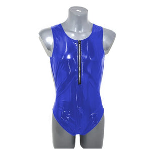 Mens Shiny PVC Leather Sleeveless Tank Bodysuit High Cut Zipper Romper Bodycon Catsuit Fetish Costume Club Party Multi-Color