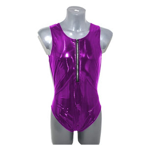 Mens Shiny PVC Leather Sleeveless Tank Bodysuit High Cut Zipper Romper Bodycon Catsuit Fetish Costume Club Party Multi-Color