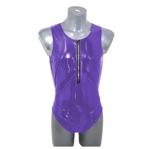 Mens Shiny PVC Leather Sleeveless Tank Bodysuit High Cut Zipper Romper Bodycon Catsuit Fetish Costume Club Party Multi-Color