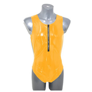 Mens Shiny PVC Leather Sleeveless Tank Bodysuit High Cut Zipper Romper Bodycon Catsuit Fetish Costume Club Party Multi-Color