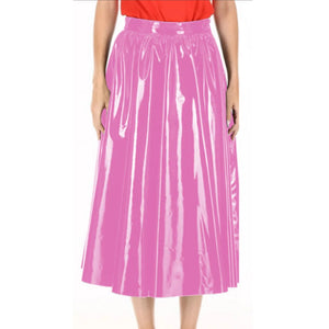 Multi-Color High Waist Shiny PVC Leather Pleated A-Line Ankle Length Skirt Casual Party Clubwear S-7XL