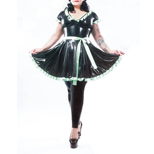 PVC Leather Wetlook A-line Pleated Ruffle Cosplay Maid Dress Short Sleeve Mini Dress with Belt Multi-Color