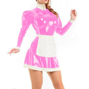 Unisex Shiny PVC Leather Maid Dress with White Apron Cosplay Costume Long Sleeves Turn-down Collar Multi-Color 7XL