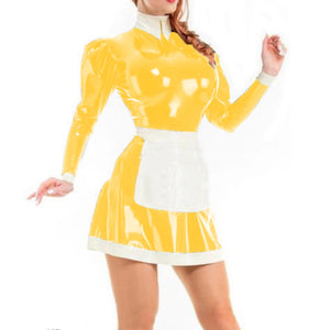 Unisex Shiny PVC Leather Maid Dress with White Apron Cosplay Costume Long Sleeves Turn-down Collar Multi-Color 7XL