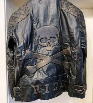 Men's Skull Crossbones Genuine Leather Motorcycle Jacket with Quilted Sleeves and RIDE Patch