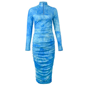 Sky Blue Tie Dye Mock Neck Midi Dress with Zippered Long Sleeves and Ruched Detail