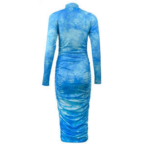 Sky Blue Tie Dye Mock Neck Midi Dress with Zippered Long Sleeves and Ruched Detail