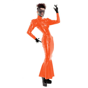 Glossy PVC Turtleneck Mermaid Ruffle Hem Long Sleeve Dress Ankle Length Wetlook Trumpet Dance Party Dresses Multi-Color