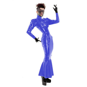 Glossy PVC Turtleneck Mermaid Ruffle Hem Long Sleeve Dress Ankle Length Wetlook Trumpet Dance Party Dresses Multi-Color