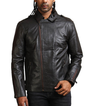 Men's Biker Textured Black Leather Jacket