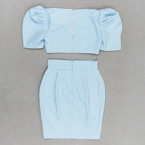 Blue Square Neck Crop Top with Puff Sleeves and Asymmetrical Buttoned Skirt Set