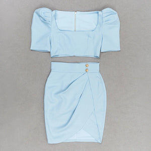 Blue Square Neck Crop Top with Puff Sleeves and Asymmetrical Buttoned Skirt Set