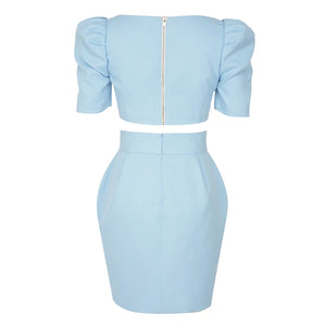 Blue Square Neck Crop Top with Puff Sleeves and Asymmetrical Buttoned Skirt Set