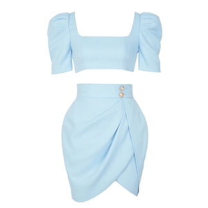 Blue Square Neck Crop Top with Puff Sleeves and Asymmetrical Buttoned Skirt Set