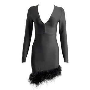 Black Feather-Trimmed V-Neck Long Sleeve Bodycon Mini Dress for Evening Events