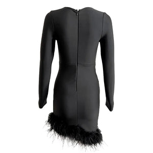 Black Feather-Trimmed V-Neck Long Sleeve Bodycon Mini Dress for Evening Events
