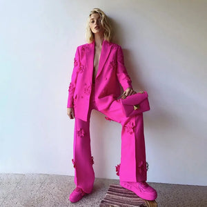 Bright Pink Floral Blazer and Flare Pants Set, Double-Breasted V-Neck Jacket with Split Long Sleeves