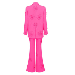 Bright Pink Floral Blazer and Flare Pants Set, Double-Breasted V-Neck Jacket with Split Long Sleeves