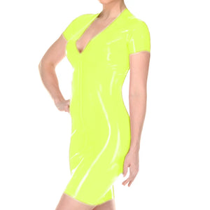 Summer Faux Latex PVC Leather V-Neck Front Zip Mini Dress Short Sleeve Bodycon Sheath Club Streetwear in Multi-Color Plus Size 7XL