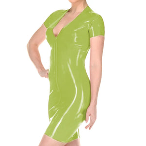 Summer Faux Latex PVC Leather V-Neck Front Zip Mini Dress Short Sleeve Bodycon Sheath Club Streetwear in Multi-Color Plus Size 7XL