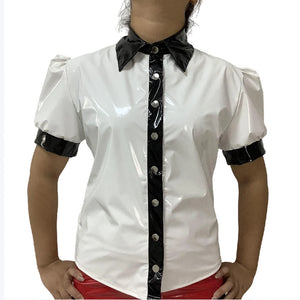 Women's Glossy PVC Short Puff Sleeve Shirt Lapel Neck Slim Fit Blouse Button Up Office Top Plus Size Multicolor