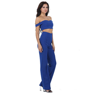 Summer Two Piece Set Sexy Quality Women's Off-Shoulder Crop Top Wide Leg 2 Piece Pantsuit