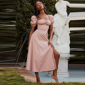 Women's Summer Beach Dresses: Pink Split Lace-Up and Floral Bubble Short Sleeve Designer Vestidos