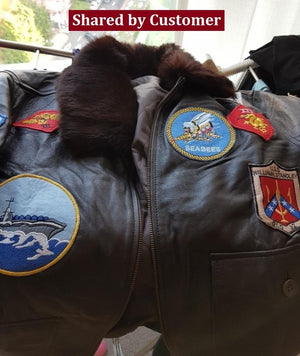Men's Aviator Jacket Genuine Leather Bomber Jacket with Embroidered Patches