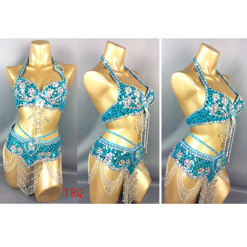 Women's Blue & White Feathered Sequin Beaded Belly Dance Costume Set