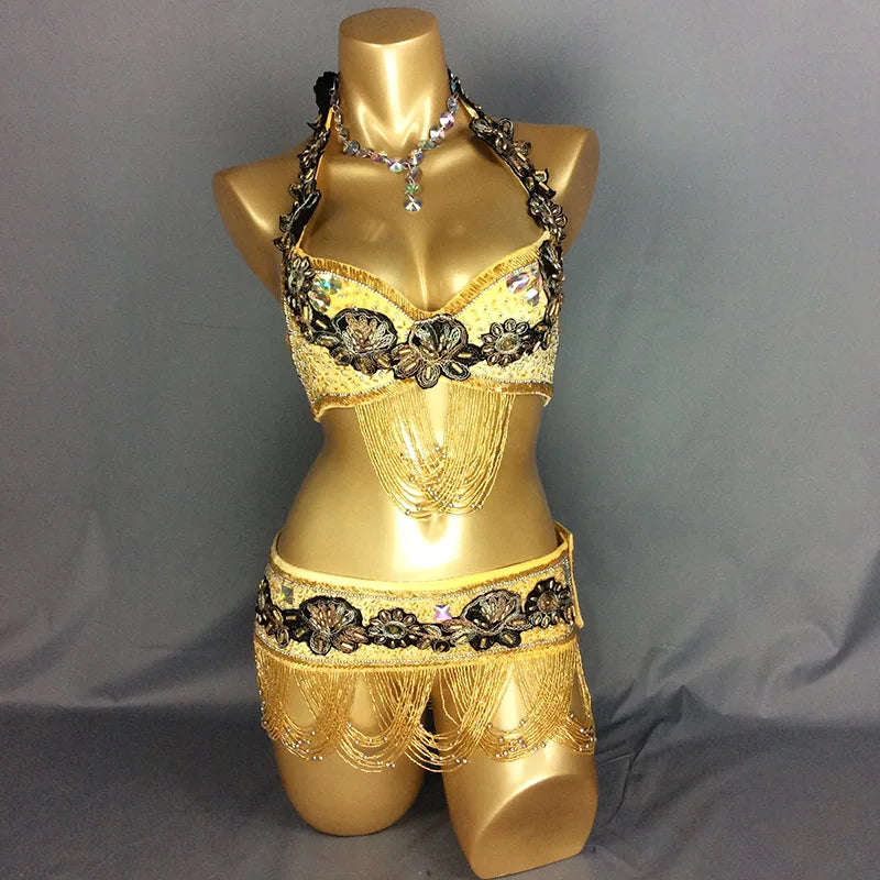 Belly Dance Costume Womens Gold Beaded Halter Bra Top and Hip Scarf with Floral Applique and Fringe for Performance