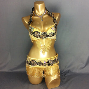 Belly Dance Costume Womens Gold Beaded Halter Bra Top and Hip Scarf with Floral Applique and Fringe for Performance