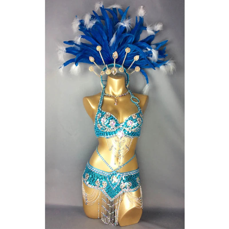 Women's Blue & White Feathered Sequin Beaded Belly Dance Costume Set