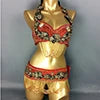 Belly Dance Costume Womens Gold Beaded Halter Bra Top and Hip Scarf with Floral Applique and Fringe for Performance