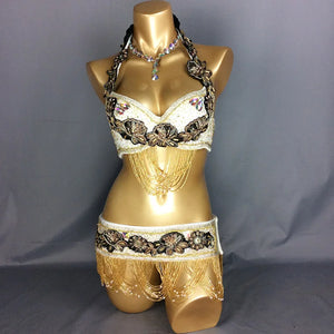 Belly Dance Costume Womens Gold Beaded Halter Bra Top and Hip Scarf with Floral Applique and Fringe for Performance