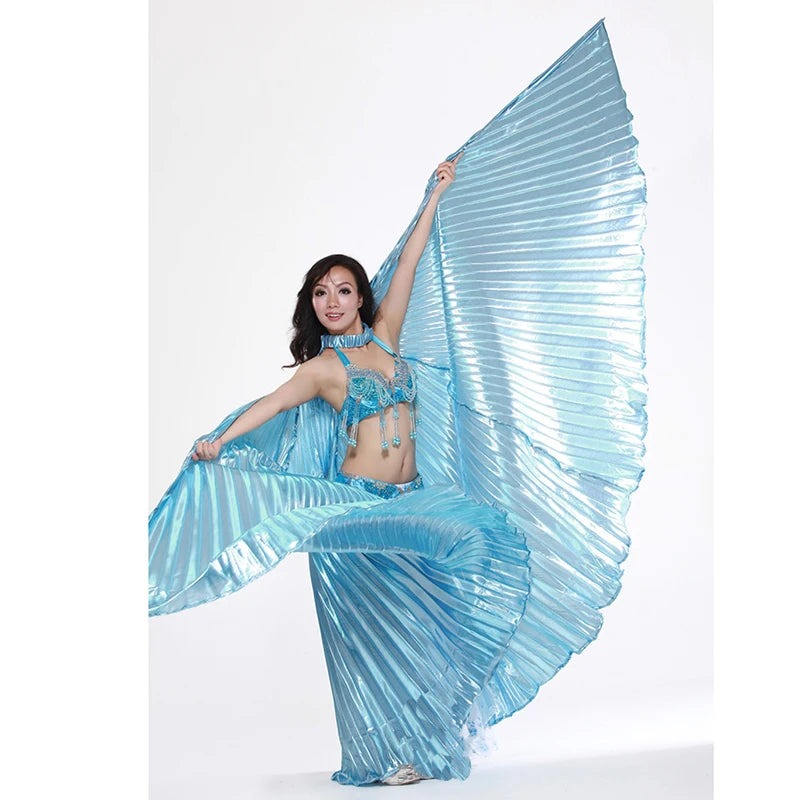 Belly Dance Isis Wings Costume for Women, Gold Pleated Lame Fabric, Includes Headpiece, Top, Pants, and Hip Scarf