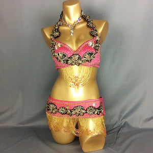 Belly Dance Costume Womens Gold Beaded Halter Bra Top and Hip Scarf with Floral Applique and Fringe for Performance