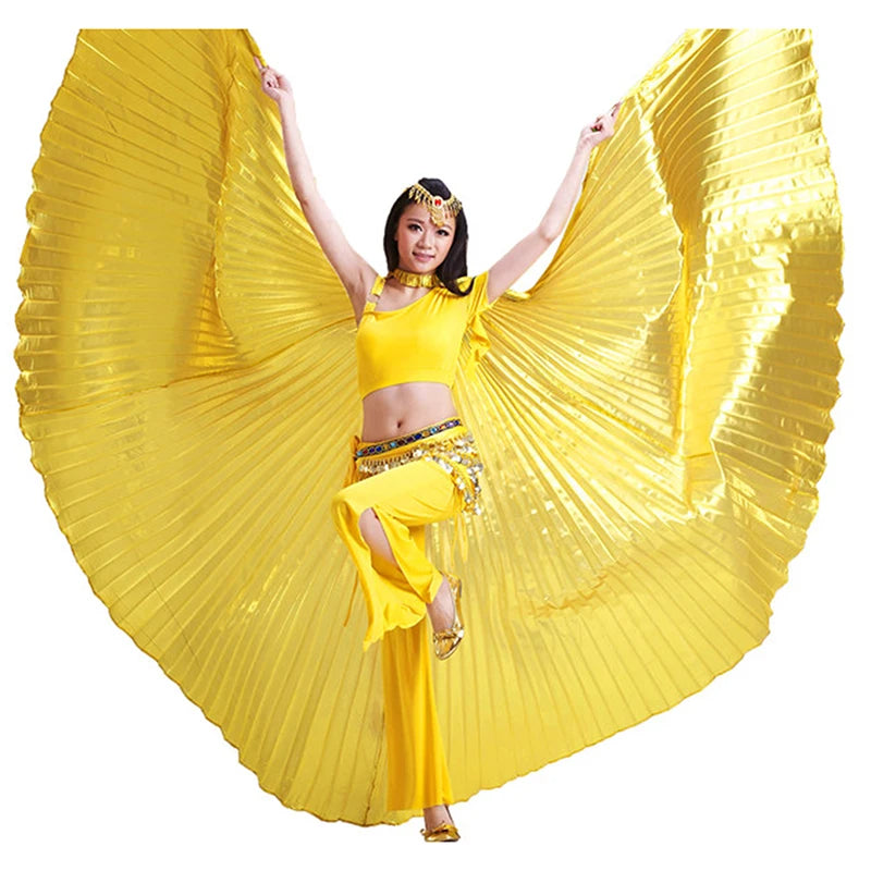 Belly Dance Isis Wings Costume for Women, Gold Pleated Lame Fabric, Includes Headpiece, Top, Pants, and Hip Scarf