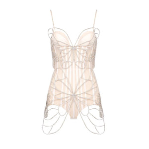 Elegant Rhinestone Butterfly Mesh Bodysuit with Spaghetti Straps and Backless Design