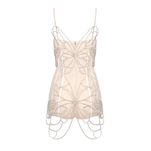 Elegant Rhinestone Butterfly Mesh Bodysuit with Spaghetti Straps and Backless Design