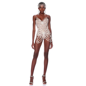 Elegant Rhinestone Butterfly Mesh Bodysuit with Spaghetti Straps and Backless Design