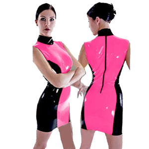 Glossy PVC Patchwork Turtleneck Sleeveless Sheath Mini Dress Zipper Back Bodycon Dress Evening Multi-Color 7XL