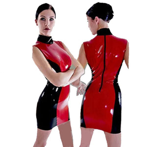 Glossy PVC Patchwork Turtleneck Sleeveless Sheath Mini Dress Zipper Back Bodycon Dress Evening Multi-Color 7XL