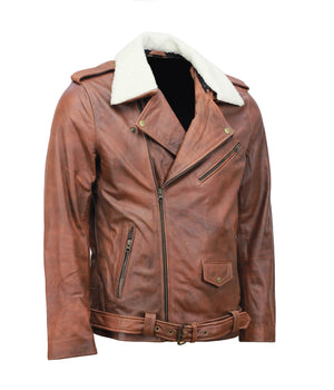 Vintage Brown Motorcycle Leather Jacket with Fur Collar for Men