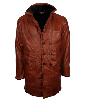 Men’s Vintage Brown Leather Shearling Coat with Button Front
